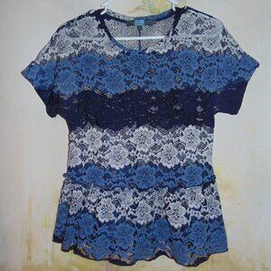 Eva Franco Anthropologie Sheer Striped Lace Peplum Top Blouse Size S Navy Blue